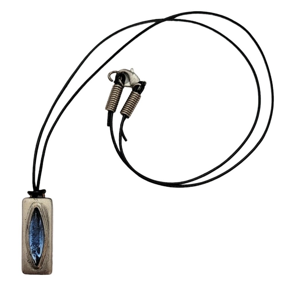 Jorgen Jensen Denmark 280 Pewter Blue Glass Pewter Pendant Leather Necklace E123